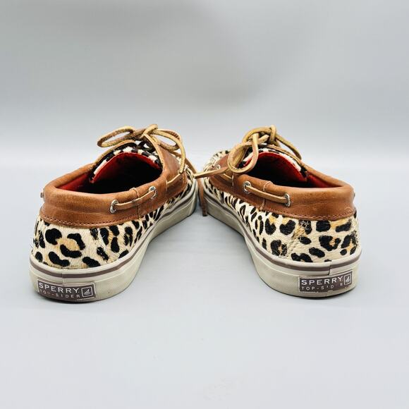 Sperry Shoes Women 7.5 Brown Leather Calf Hair Top Sider Leopard Print Boat Deck - Picture 8 of 13